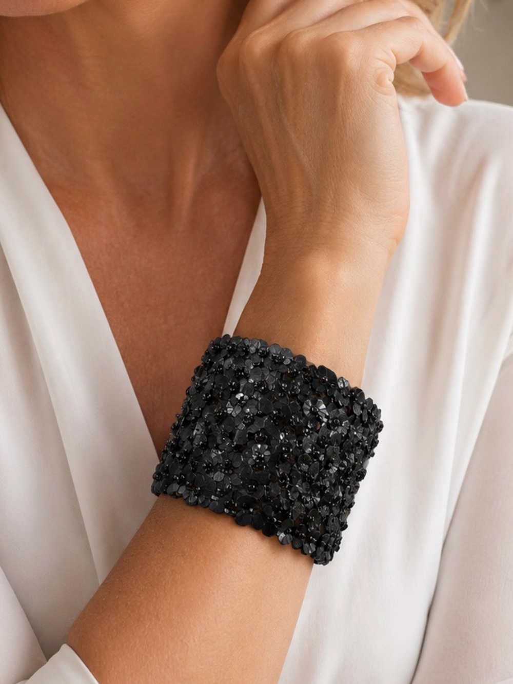 Black Sequin & Beaded Floral Open Cuff Bracelet Wide Statement Bracelet